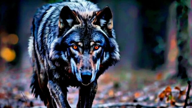 a black-furred wolf that walks in nature with sharp eyes and a scary face