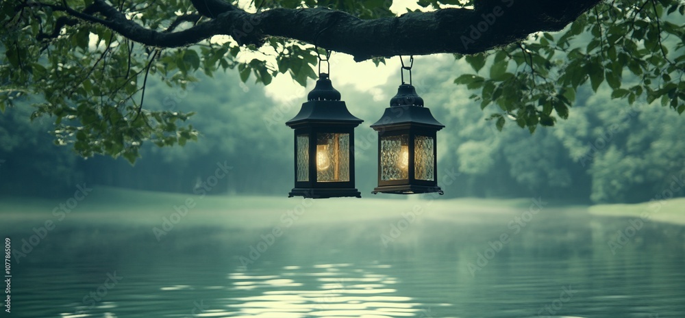 Aufkleber Two lanterns hang from a tree branch over a calm lake with a soft fog.