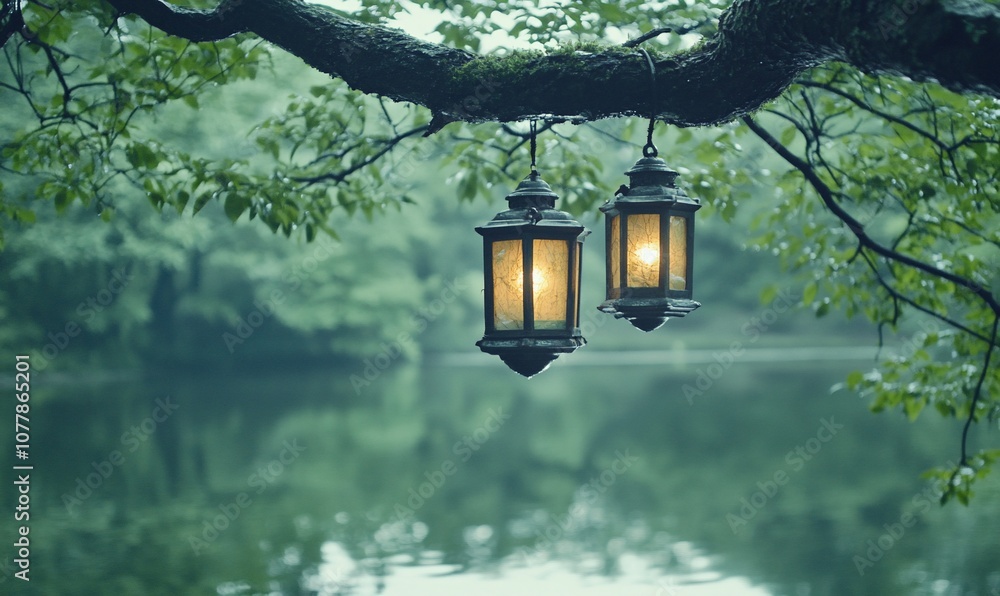 Poster Two lanterns hang from a tree branch over a tranquil lake, casting a soft, warm glow against the backdrop of a misty forest.