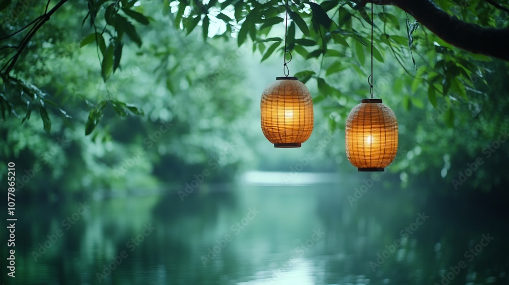 Poster Two lanterns hang from a tree branch over a calm river. The lanterns are lit and glowing, casting a warm light on the water.