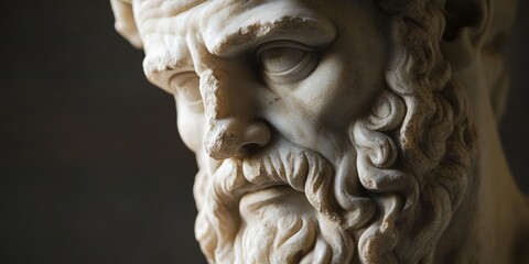 A detailed marble sculpture of an old stoic man, possibly representing a roman god, showcasing intricate facial features and a contemplative expression. 