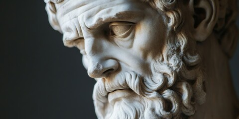 Obraz premium A detailed marble sculpture of an old stoic man, possibly representing a roman god, showcasing intricate facial features and a contemplative expression. 