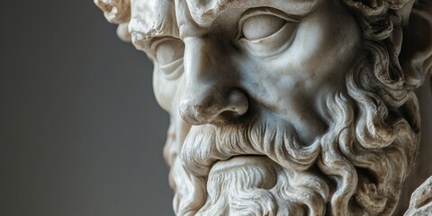 Obraz premium A detailed marble sculpture of an old stoic man, possibly representing a roman god, showcasing intricate facial features and a contemplative expression. 