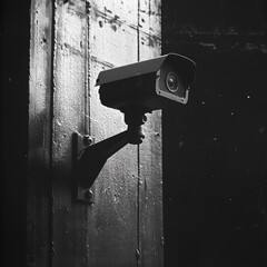 A Surveillance Camera Mounted on a Wall in Black and White