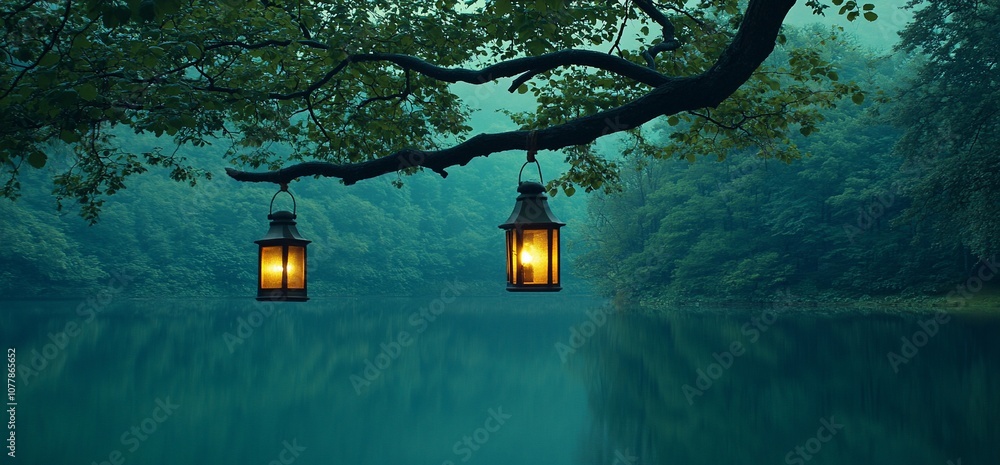 Poster Two lanterns hanging from a tree branch over a calm lake in a forest, casting a warm glow on the water.