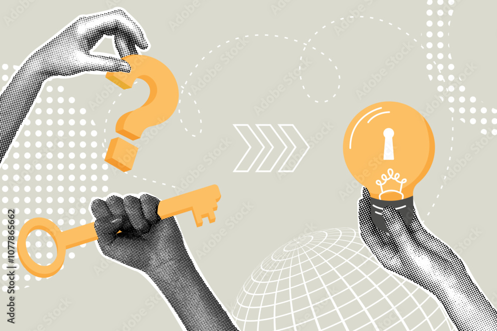 Wall mural fancy halftone collage. concept of problem solving, finding the answer to solve a problem, picking a