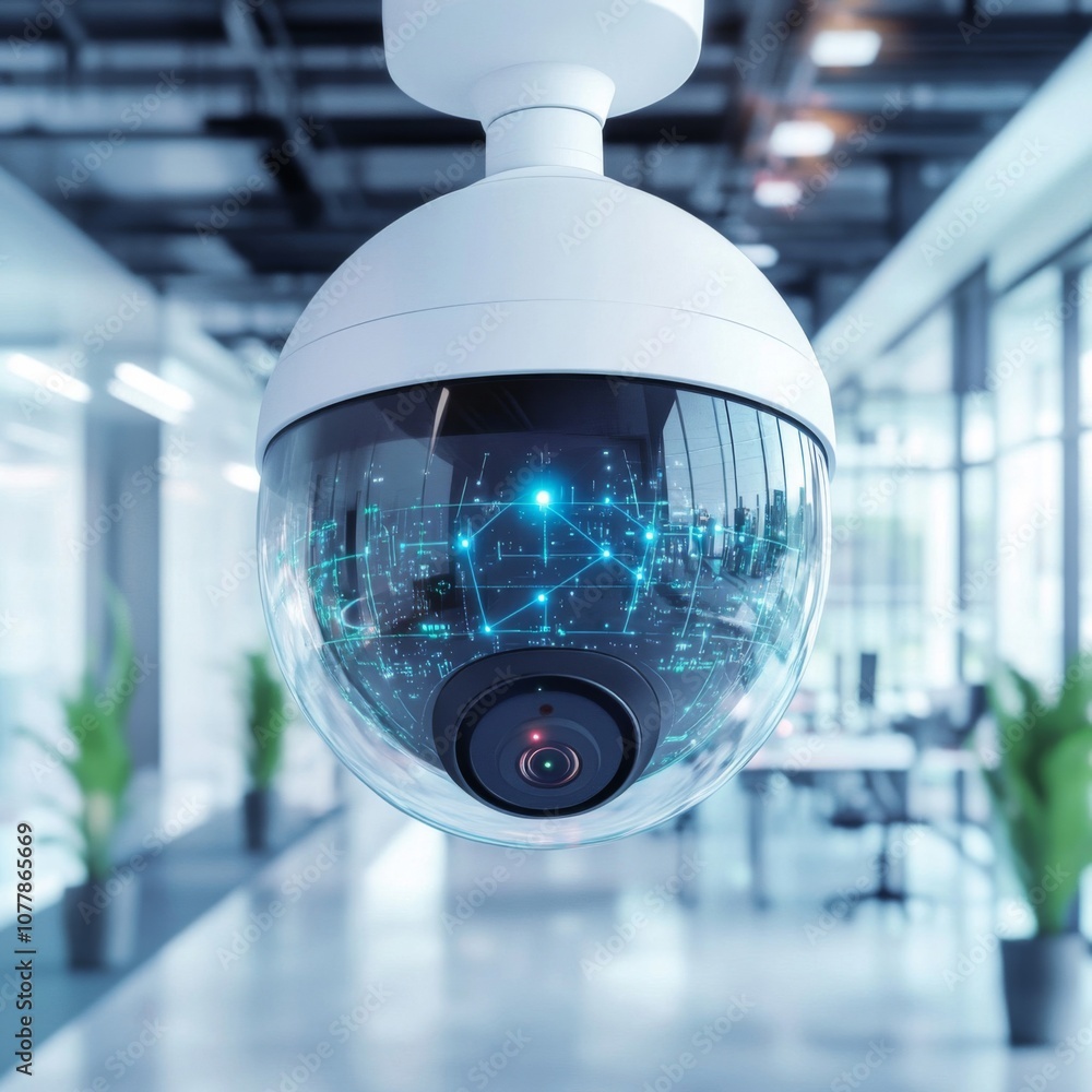 Poster security camera in modern office building with network visualization