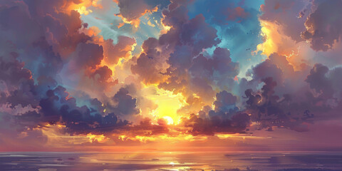 A dramatic cloud-filled sky at sunrise, with the sun peeking through gaps and painting the scene in golden light.
