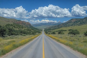 Fototapeta premium expansive empty asphalt road stretching through a vast desert landscape highlighting the freedom of adventure and exploration under a bright blue sky filled with fluffy clouds
