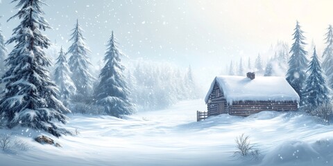 Fototapeta premium Winter wonderland scene with a snow-covered cabin, pine trees, and soft snowfall during Christmas
