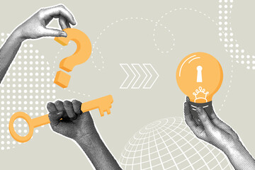 Fancy halftone collage. Concept of problem solving, finding the answer to solve a problem, picking a key to a new idea, key to find the answer to solve a problem and question, brainstorming, finding a
