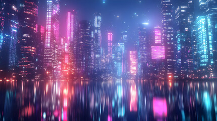 Obraz premium Neon Cityscape with Reflection - Digital Illustration
