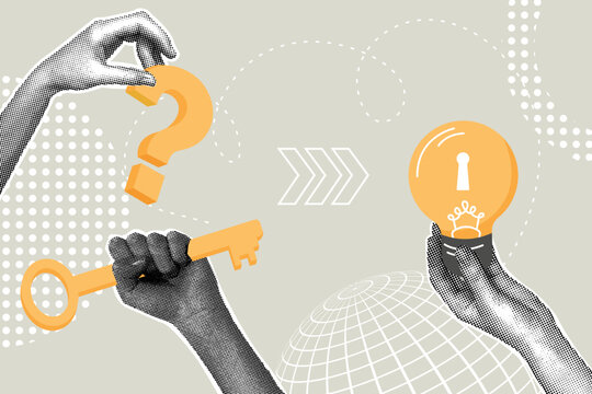 Fancy halftone collage. Concept of problem solving, finding the answer to solve a problem, picking a key to a new idea, key to find the answer to solve a problem and question, brainstorming, finding a