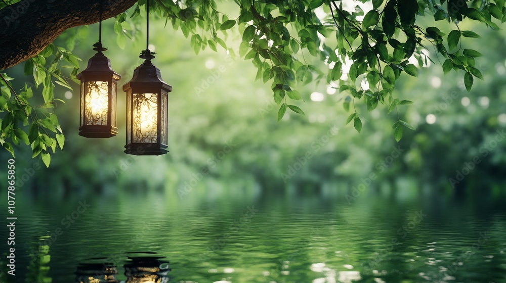 Poster Two lanterns hanging from a tree branch over a calm lake with a blurry forest background.