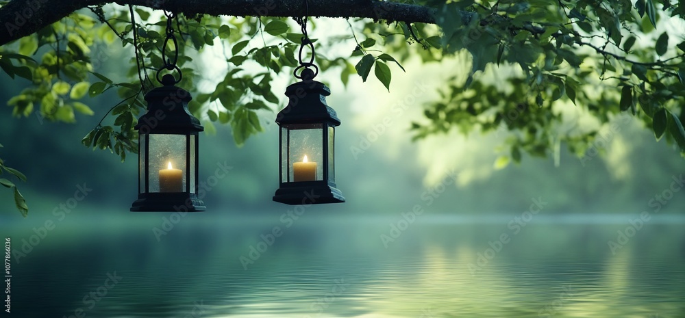 Poster Two lanterns hanging from a tree branch over a calm lake.