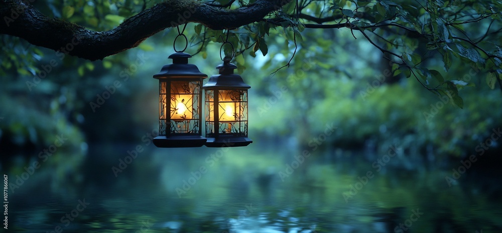 Aufkleber Two lanterns hanging from a tree branch over a calm river with lush foliage in the background.