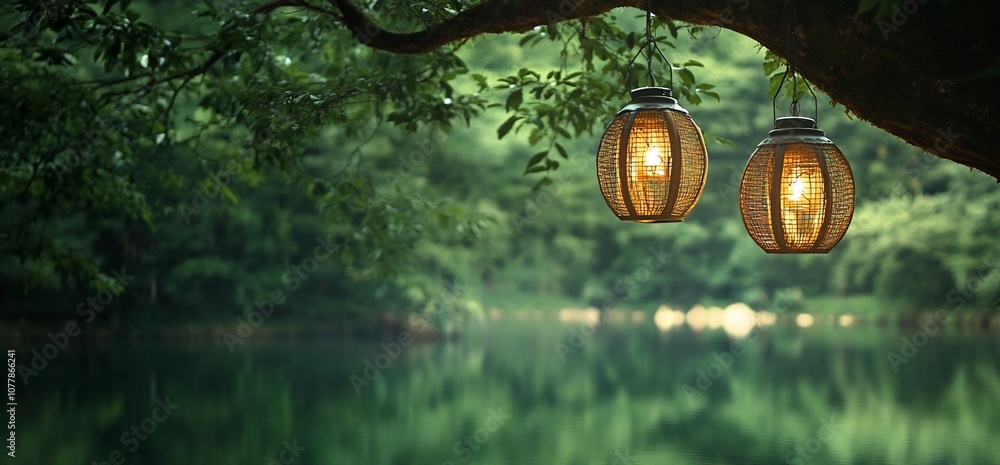 Aufkleber two lanterns hanging from a tree branch over a lake with green foliage in the background.