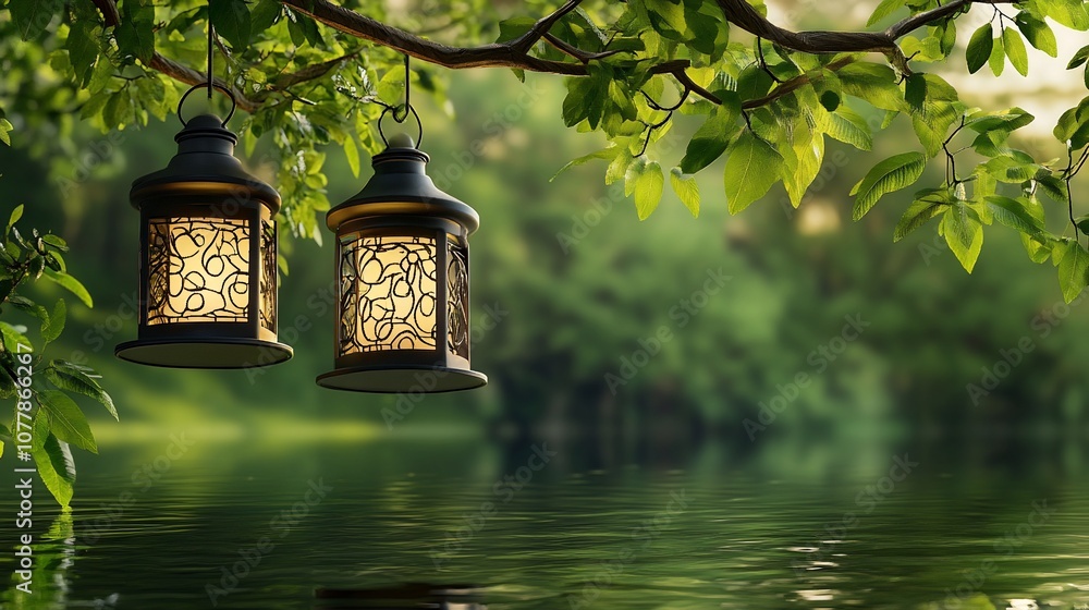 Aufkleber Two lanterns hanging from a tree branch over a lake in a forest.