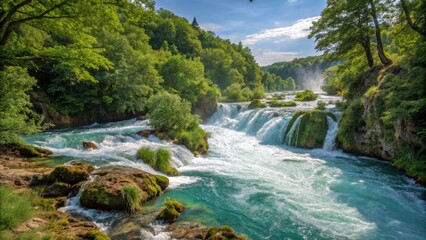 Obraz premium Hyperrealistic Product Photography of a Rapid River with Cascading Waterfalls in a Lush Forest, Capturing Nature's Beauty in 4K Detail