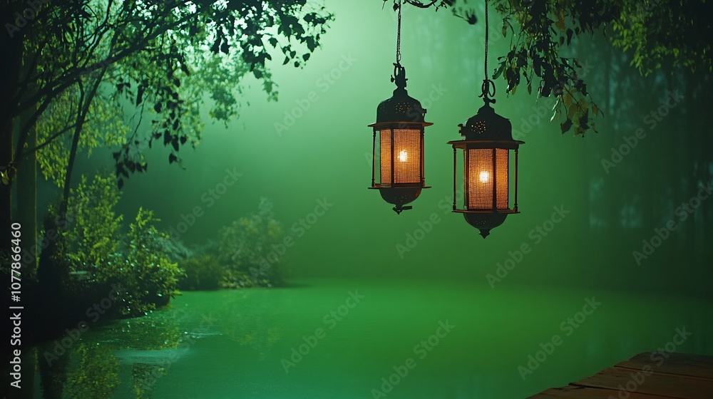 Poster Two lanterns hanging from a tree branch over a misty lake in a dark forest.