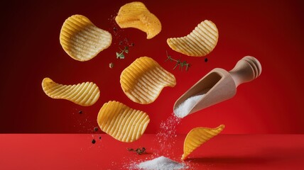 Pile of potato chips is falling into a bowl of salt