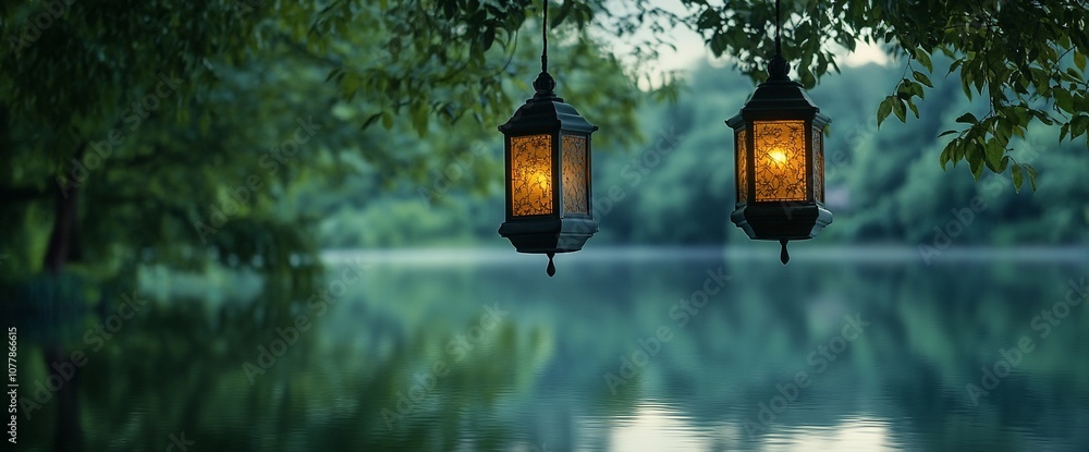 Aufkleber two lanterns hanging from a tree branch over a lake.