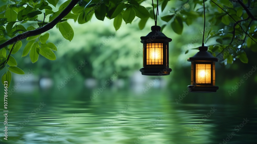 Aufkleber two lanterns hanging from a tree branch over a still lake, illuminated with warm light, and a blurre
