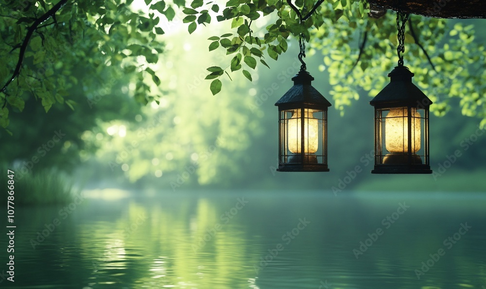 Aufkleber Two lanterns hanging from a tree branch over a tranquil lake in a misty forest setting.