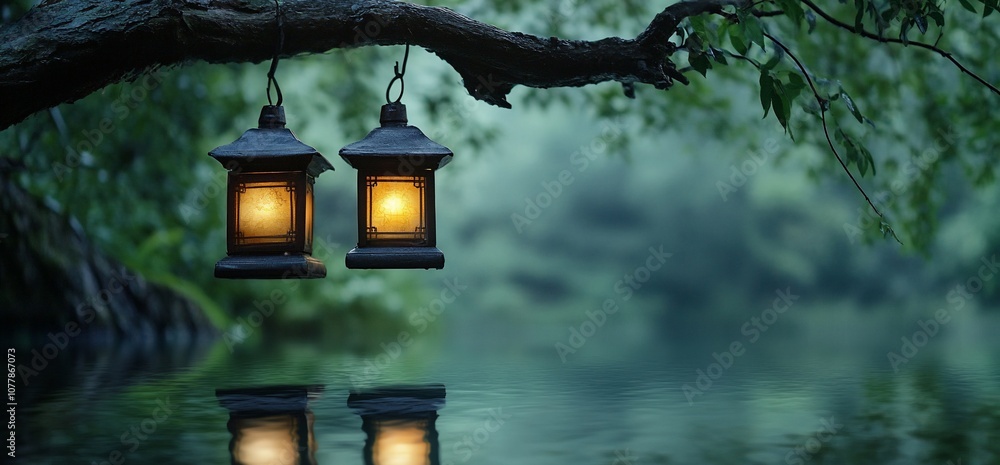 Leinwandbilder two lanterns hanging from a tree branch over a tranquil lake with a misty background.