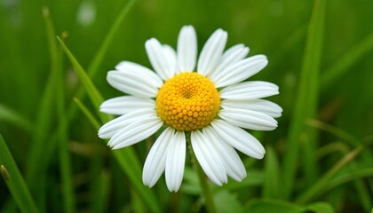 Fototapeta premium Close-up of a single daisy on a green grass background, symbolizing simplicity and tenderness in a minimalist composition