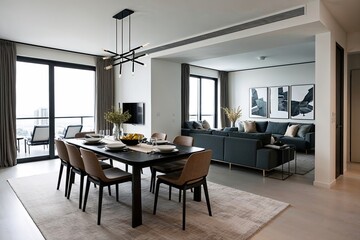 Modern Minimalist Apartment Design Featuring Elegant Dining Space and Open Lounge Area