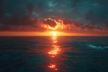 A dramatic sunset over the ocean, the sun's reflection stretching across the water to the horizon.