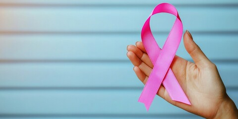 Hand holding pink cancer awareness ribbon with copy space, symbolizing support and hope. 