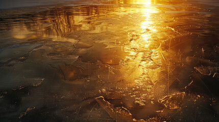 A dramatic sunset reflecting on a frozen lake, with the soft light illuminating the ice and casting a golden glow.