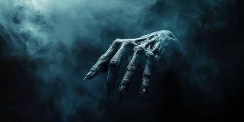Pointing creepy zombie monster hand on dark smoky background. Halloween concept. Cinematic moody scene, horror movie theme