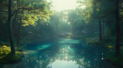 Fototapeta premium Forest Lake 3D Illustration
