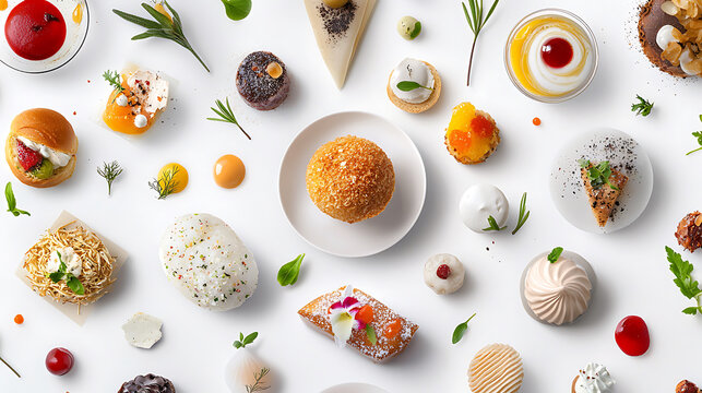 Gourmet desserts and pastries arranged artistically on white background, showcasing variety of textures and colors. Each dish is beautifully plated, creating inviting and appetizing display