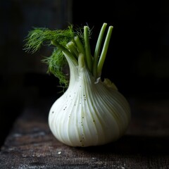 A Single Fennel Bulb with Green Stems on a Rustic Wooden Surface