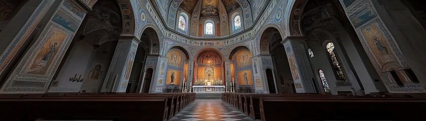 Fototapeta premium Interior view of a church showcasing its architectural beauty and religious significance.