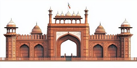 Red Fort in Delhi India shown on a white background 