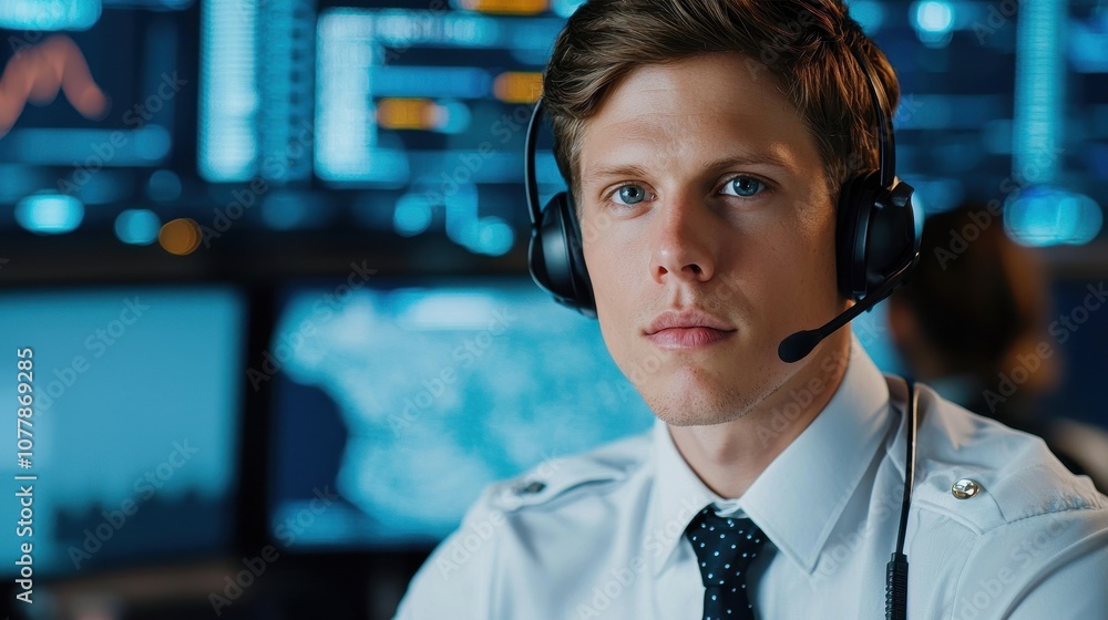 Poster a focused young man in a headset operates in a high-tech control room, surrounded by digital screens