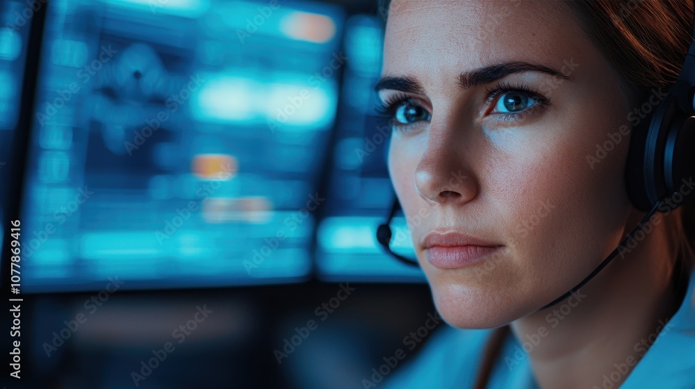 Poster a focused woman wearing a headset looks intently at multiple screens displaying digital data and gra