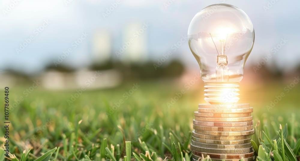 Poster light bulb on a stack of coins in grass.