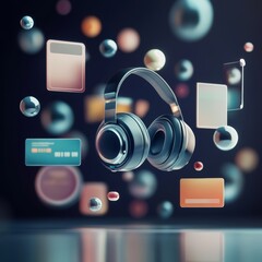 A 3D front-facing illustration featuring floating icons of a the headset of the call center operator,