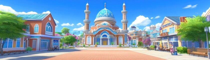 Fototapeta premium A vibrant town square featuring a grand mosque and charming buildings under a clear sky.