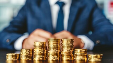 A businessman in a suit sits behind stacks of gold coins, suggesting wealth and financial success.