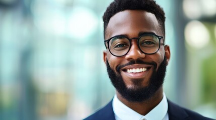 A smiling man in a suit and glasses, set against a blurred background, radiates confidence and professionalism.