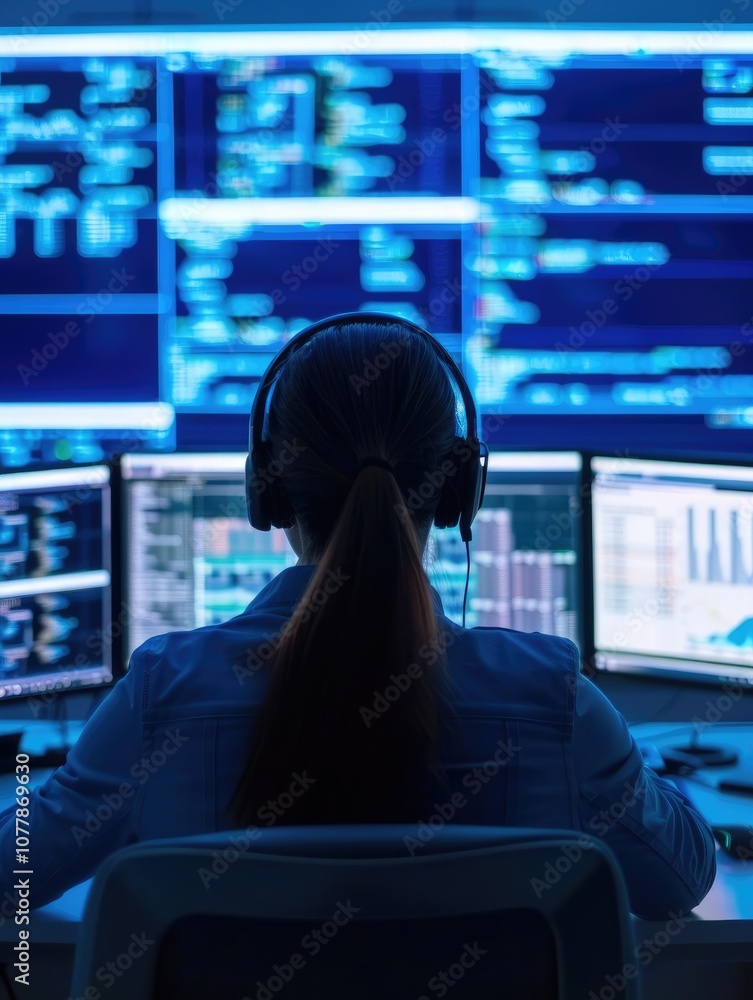 Poster a person wearing headphones is focused on multiple computer screens displaying data and graphs in a 