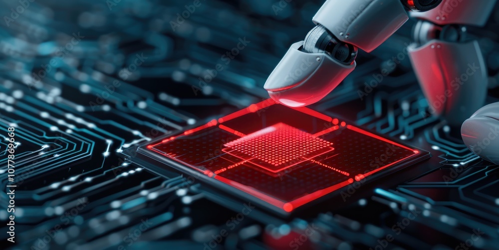 Aufkleber a robotic hand touches a glowing red microchip on a circuit board, showcasing advanced technology an