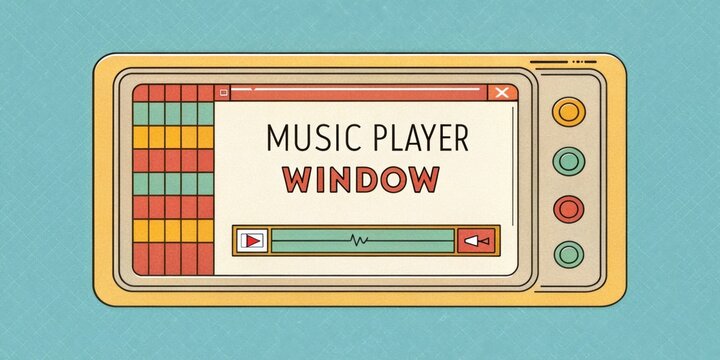 Old School Music Player A floating music player window with a simple interface showcasing a classic playlist all set inside a retro frame that displays vibrant track titles in bold